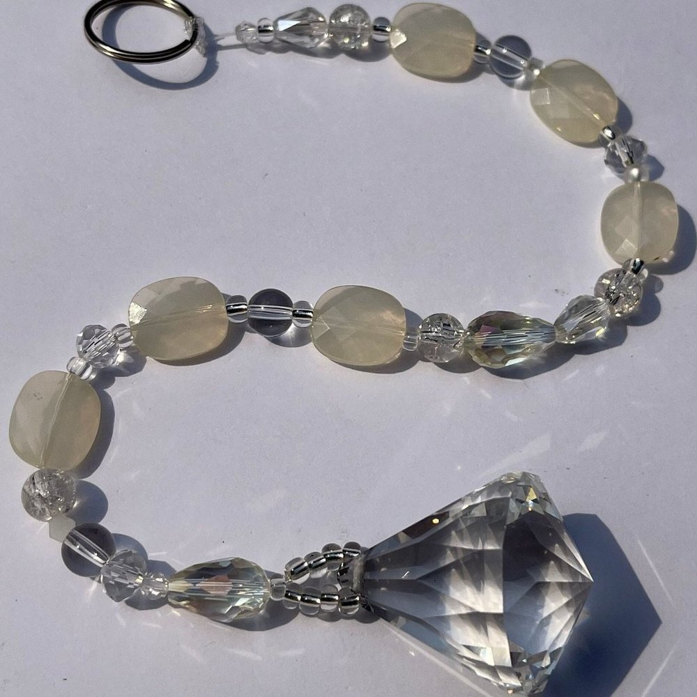 Beaded Suncatcher - White Clear - Crystal Triangle Prism - Hanging Decor - Picture 2 of 12